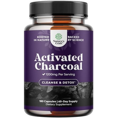 Natures Craft Aktivkohle Kapseln Detox & Reinigung - Reinigende Kokosnusskapseln mit 1200 mg pro Portion gegen Blähungen - Aktives Detox Ergänzungsmittel für Körper & Darmgesundheit - 180 Stück