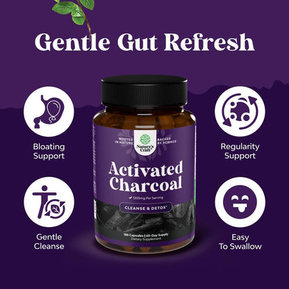 Natures Craft Aktivkohle Kapseln Detox & Reinigung - Reinigende Kokosnusskapseln mit 1200 mg pro Portion gegen Blähungen - Aktives Detox Ergänzungsmittel für Körper & Darmgesundheit - 180 Stück