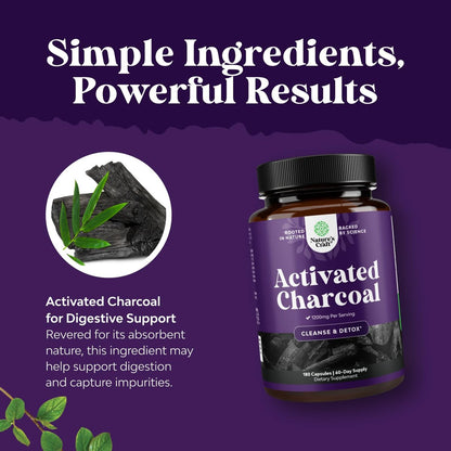 Natures Craft Aktivkohle Kapseln Detox & Reinigung - Reinigende Kokosnusskapseln mit 1200 mg pro Portion gegen Blähungen - Aktives Detox Ergänzungsmittel für Körper & Darmgesundheit - 180 Stück