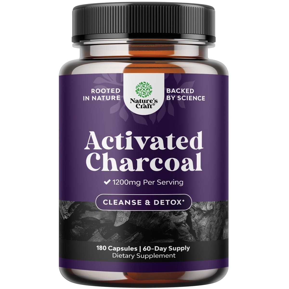 Natures Craft Aktivkohle Kapseln Detox & Reinigung - Reinigende Kokosnusskapseln mit 1200 mg pro Portion gegen Blähungen - Aktives Detox Ergänzungsmittel für Körper & Darmgesundheit - 180 Stück