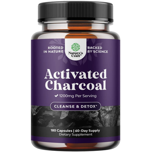 Natures Craft Aktivkohle Kapseln Detox & Reinigung - Reinigende Kokosnusskapseln mit 1200 mg pro Portion gegen Blähungen - Aktives Detox Ergänzungsmittel für Körper & Darmgesundheit - 180 Stück