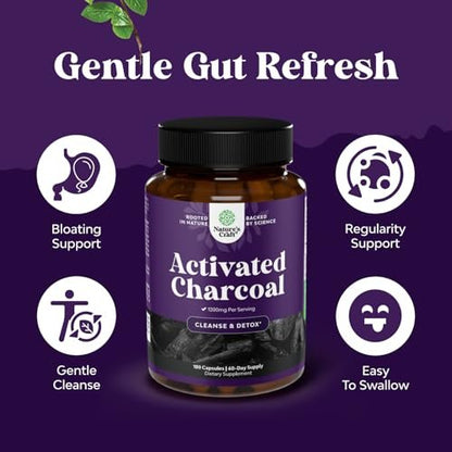 Natures Craft Aktivkohle Kapseln Detox & Reinigung - Reinigende Kokosnusskapseln mit 1200 mg pro Portion gegen Blähungen - Aktives Detox Ergänzungsmittel für Körper & Darmgesundheit - 180 Stück