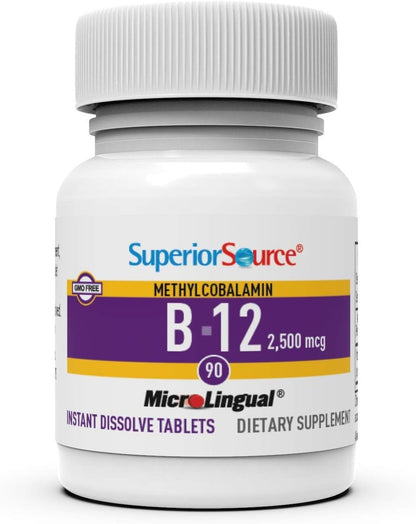 Superior Source No Shot Vitamin B12 Methylcobalamin 2.500 mcg, Mikro-Lingual Tabletten, 90 Stück, aktive Form von B12, unterstützt Energieproduktion und Nervensystem, Non-GMO