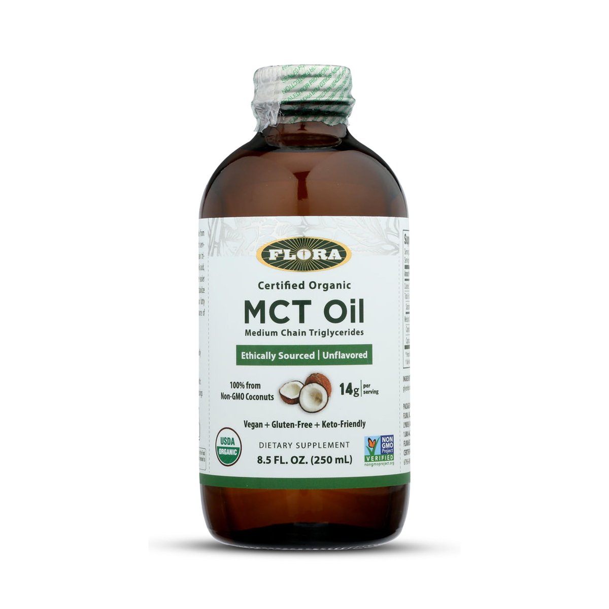 Flora MCT Öl Bio – Unterstützt Muskelenergie & Gehirngesundheit – Enthält C8 Caprylsäure & C10 Caprinsäure – Non-GMO, Glutenfrei, Vegan & Keto-freundlich – 250 ml Glasflasche