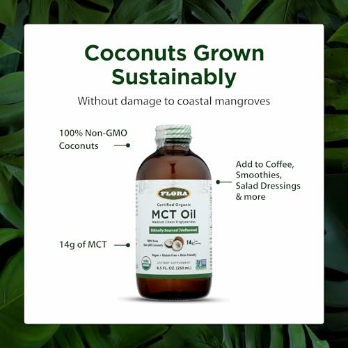 Flora MCT Öl Bio – Unterstützt Muskelenergie & Gehirngesundheit – Enthält C8 Caprylsäure & C10 Caprinsäure – Non-GMO, Glutenfrei, Vegan & Keto-freundlich – 250 ml Glasflasche