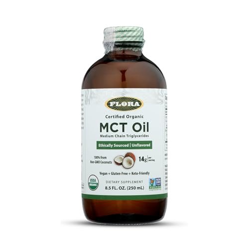 Flora MCT Öl Bio – Unterstützt Muskelenergie & Gehirngesundheit – Enthält C8 Caprylsäure & C10 Caprinsäure – Non-GMO, Glutenfrei, Vegan & Keto-freundlich – 250 ml Glasflasche