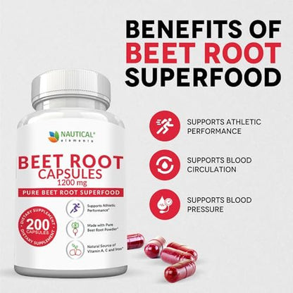 Rote Bete Kapseln - 1200 mg pro Portion - 200 Kapseln - Rote Bete Pulver zur Unterstützung von Blutdruck, sportlicher Leistung, Verdauung und Immunsystem (rein, nicht gentechnisch verändert & glutenfrei)