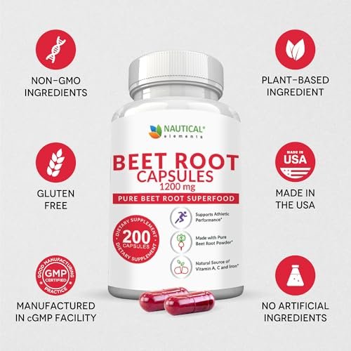 Rote Bete Kapseln - 1200 mg pro Portion - 200 Kapseln - Rote Bete Pulver zur Unterstützung von Blutdruck, sportlicher Leistung, Verdauung und Immunsystem (rein, nicht gentechnisch verändert & glutenfrei)