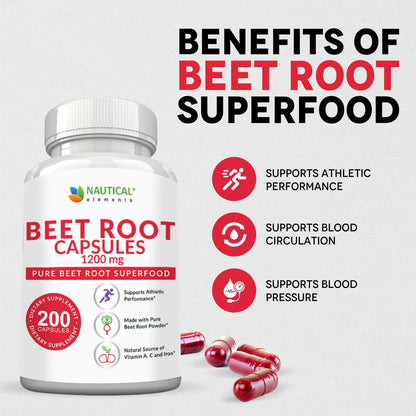 Rote Bete Kapseln - 1200 mg pro Portion - 200 Kapseln - Rote Bete Pulver zur Unterstützung von Blutdruck, sportlicher Leistung, Verdauung und Immunsystem (rein, nicht gentechnisch verändert & glutenfrei)