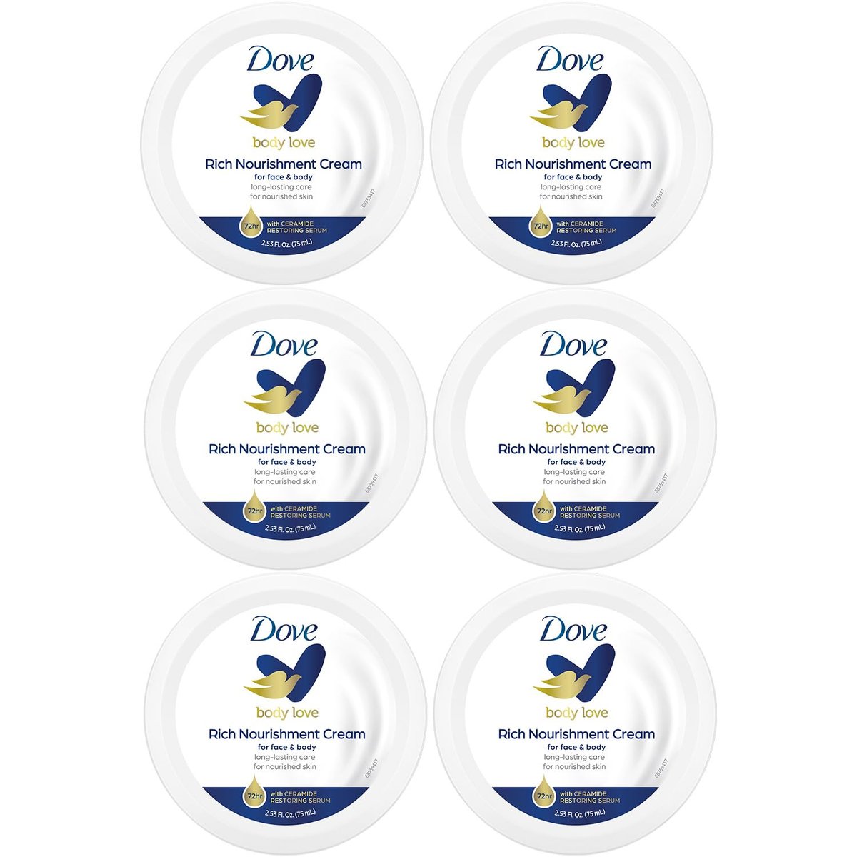 Dove Body Love Rich Nourishment Creme – 72h Feuchtigkeitspflege für extrem trockene Haut mit Ceramiden, 2,53 Fl Oz (6er-Pack)