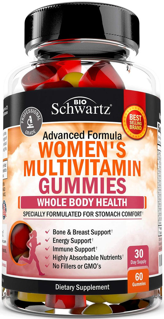 BioSchwartz Multivitamin Gummis für Frauen mit Vitamin A, C, B6, B12, D & E – Immununterstützung, gemischter Beerengeschmack, 60 Stück
