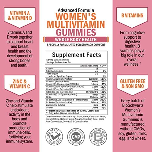 BioSchwartz Multivitamin Gummis für Frauen mit Vitamin A, C, B6, B12, D & E – Immununterstützung, gemischter Beerengeschmack, 60 Stück