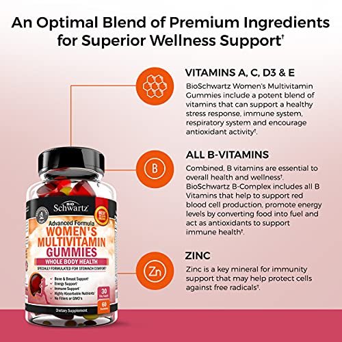 BioSchwartz Multivitamin Gummis für Frauen mit Vitamin A, C, B6, B12, D & E – Immununterstützung, gemischter Beerengeschmack, 60 Stück