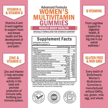 BioSchwartz Multivitamin Gummis für Frauen mit Vitamin A, C, B6, B12, D & E – Immununterstützung, gemischter Beerengeschmack, 60 Stück
