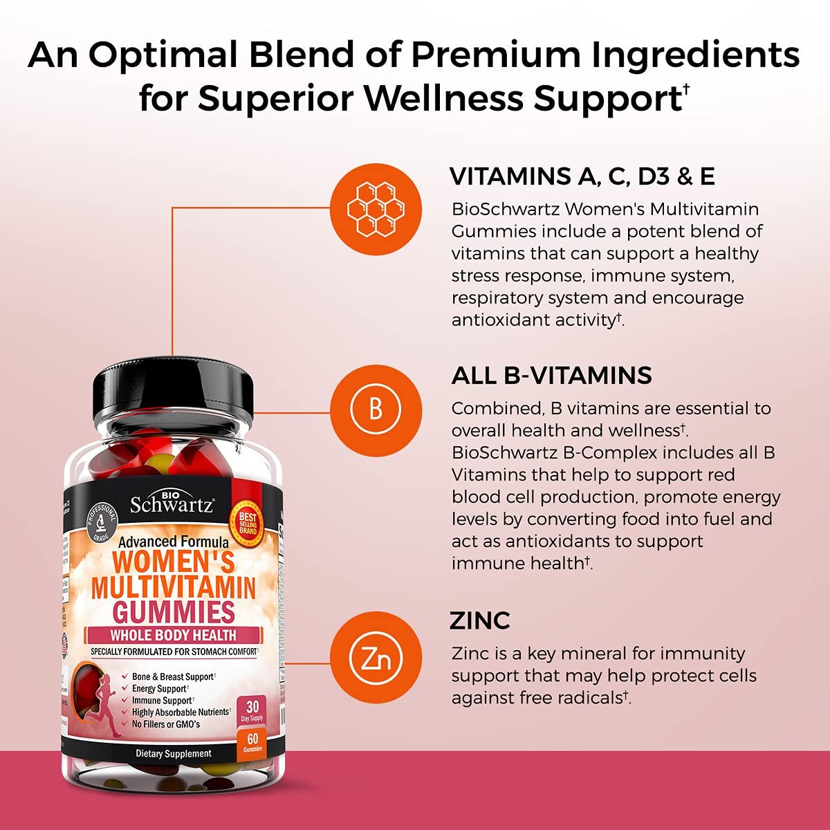 BioSchwartz Multivitamin Gummis für Frauen mit Vitamin A, C, B6, B12, D & E – Immununterstützung, gemischter Beerengeschmack, 60 Stück