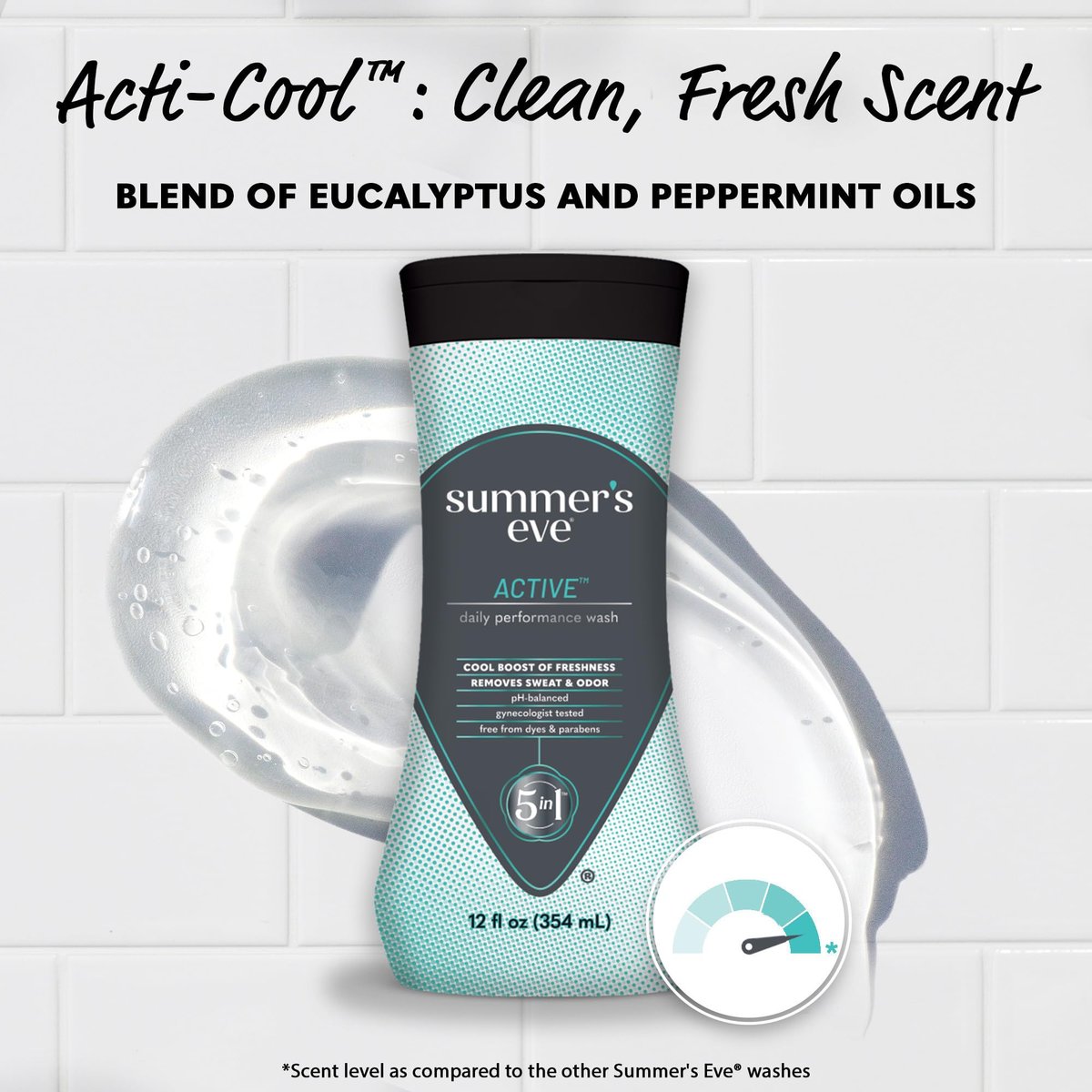Summer's Eve Active Daily Performance Feminine Wash, pH-ausgeglichene Körperwäsche für Frauen, entfernt vaginalen Geruch mit Eukalyptus- und Pfefferminzduft, 355 ml