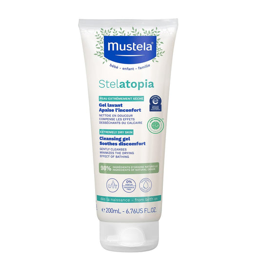 Mustela Stelatopia Reinigungsgel für zu Ekzemen neigende Haut - Baby Gesichts- & Körperwaschgel mit natürlichem Avocado- & Sonnenblumenöl - Duftfrei & Tränenfrei - 200 ml