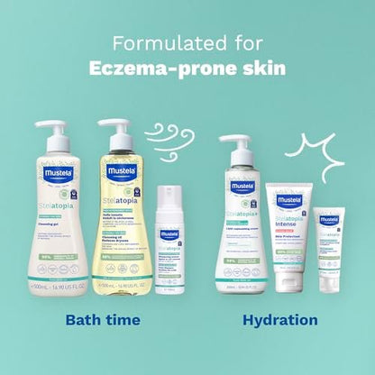 Mustela Stelatopia Reinigungsgel für zu Ekzemen neigende Haut - Baby Gesichts- & Körperwaschgel mit natürlichem Avocado- & Sonnenblumenöl - Duftfrei & Tränenfrei - 200 ml