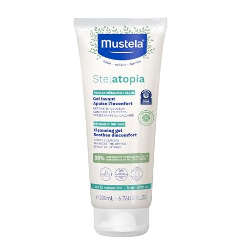 Mustela Stelatopia Reinigungsgel für zu Ekzemen neigende Haut - Baby Gesichts- & Körperwaschgel mit natürlichem Avocado- & Sonnenblumenöl - Duftfrei & Tränenfrei - 200 ml
