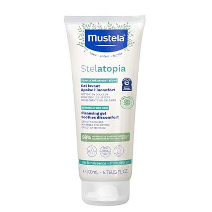 Mustela Stelatopia Reinigungsgel für zu Ekzemen neigende Haut - Baby Gesichts- & Körperwaschgel mit natürlichem Avocado- & Sonnenblumenöl - Duftfrei & Tränenfrei - 200 ml