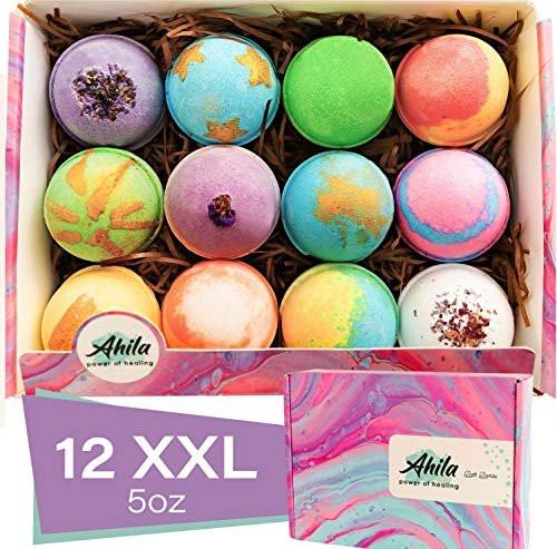 Ahila Power of Healing 12 XXL Sprudelnde Bio Badebomben Geschenkset für Frauen, Männer und Kinder – Entworfen in Kanada – Langanhaltende, schwimmende Badebomben mit entspannender Aromatherapie, reich an reinen ätherischen Ölen