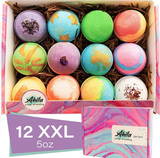 Ahila Power of Healing 12 XXL Sprudelnde Bio Badebomben Geschenkset für Frauen, Männer und Kinder – Entworfen in Kanada – Langanhaltende, schwimmende Badebomben mit entspannender Aromatherapie, reich an reinen ätherischen Ölen
