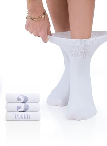Hugh Ugoli Diabetikersocken für Damen – Weiche Rayon Socken, nahtlose Zehenpartie, lockerer Sitz, 3 Paar, Weiß, Schuhgröße 6-9
