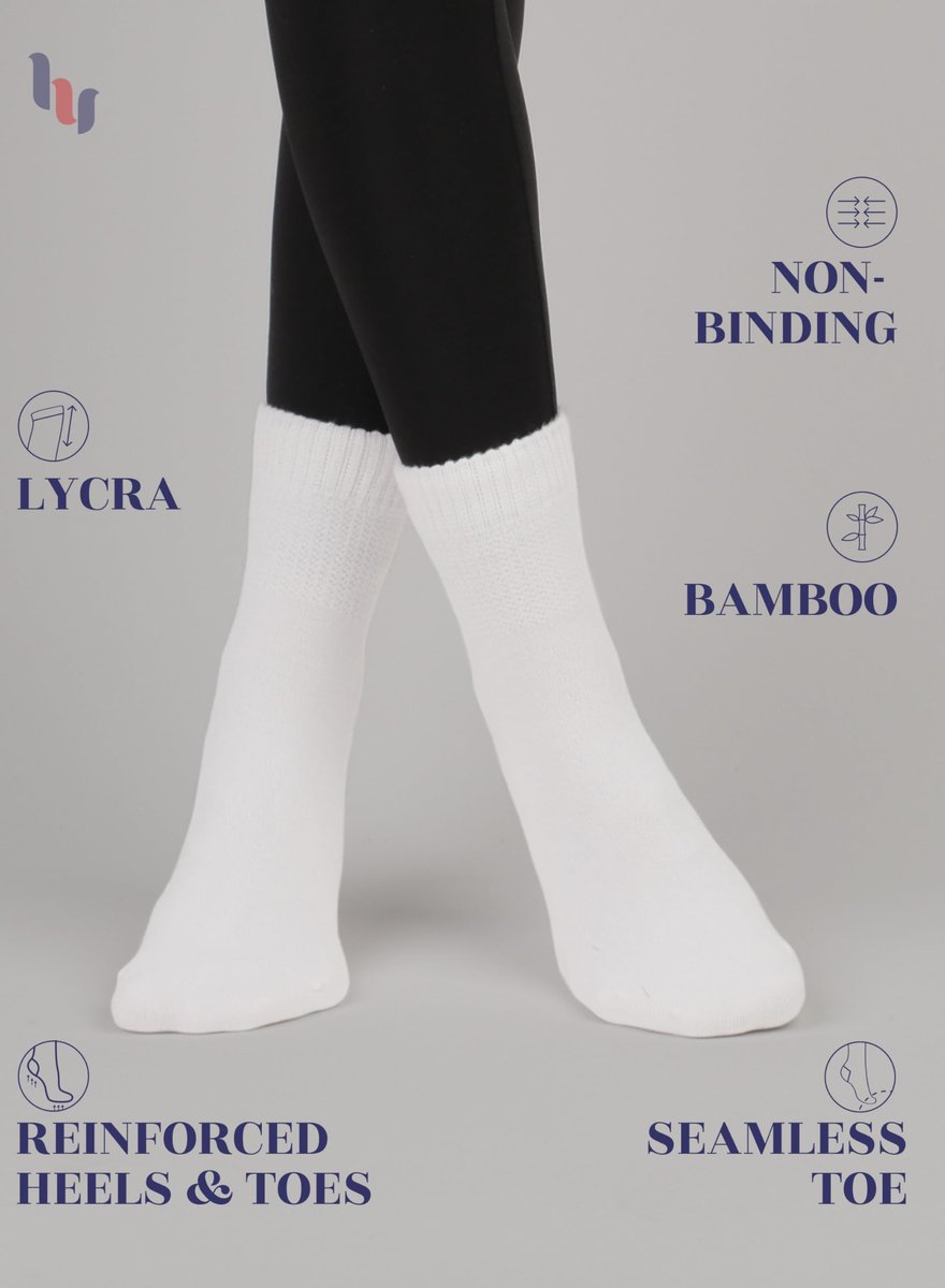 Hugh Ugoli Diabetikersocken für Damen – Weiche Rayon Socken, nahtlose Zehenpartie, lockerer Sitz, 3 Paar, Weiß, Schuhgröße 6-9