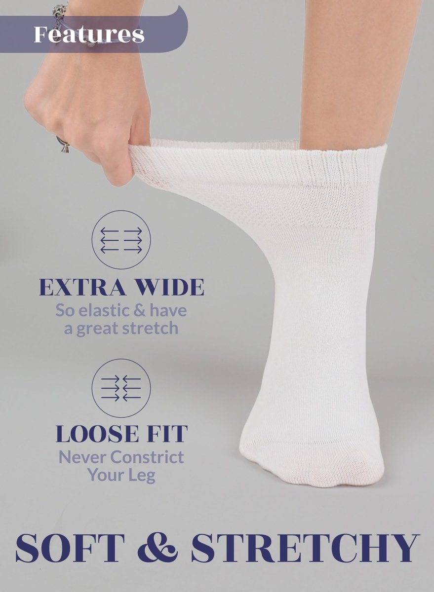Hugh Ugoli Diabetikersocken für Damen – Weiche Rayon Socken, nahtlose Zehenpartie, lockerer Sitz, 3 Paar, Weiß, Schuhgröße 6-9