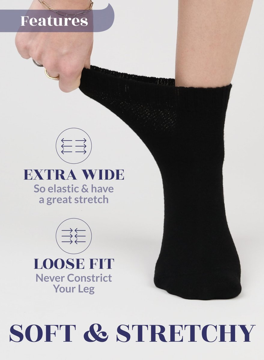 Hugh Ugoli Damen Rayon Knöchel Locker Sitzende Diabetikersocken, Weich, Nahtlose Zehe, Breit Dehnbar, Nicht Bindendes Bündchen, 3 Paar, Schwarz, Schuhgröße: 10-12