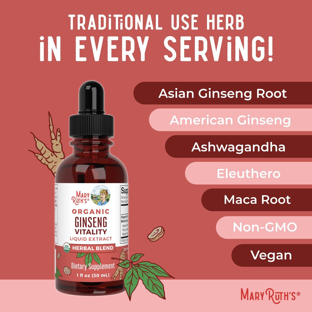 MARYRUTH'S Organics Kräuterergänzung für Gehirnfunktion | Energie | Gedächtnis | Vitalität USDA | Ginseng mit Ashwagandha | Eleuthero und Maca-Wurzelextrakt | 30 ml
