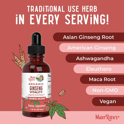 MARYRUTH'S Organics Kräuterergänzung für Gehirnfunktion | Energie | Gedächtnis | Vitalität USDA | Ginseng mit Ashwagandha | Eleuthero und Maca-Wurzelextrakt | 30 ml