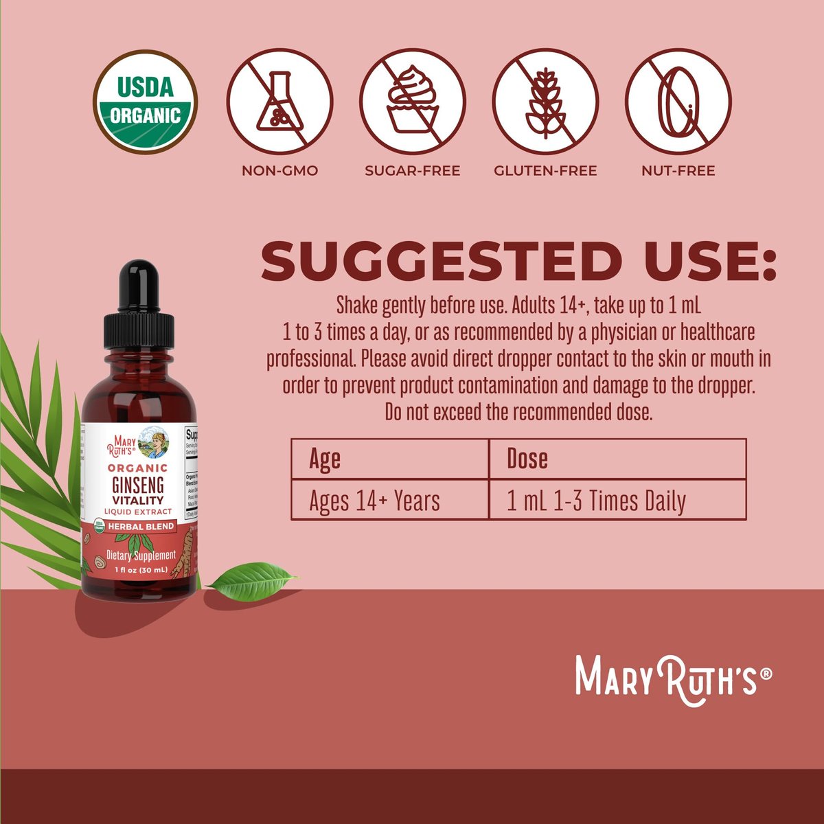 MARYRUTH'S Organics Kräuterergänzung für Gehirnfunktion | Energie | Gedächtnis | Vitalität USDA | Ginseng mit Ashwagandha | Eleuthero und Maca-Wurzelextrakt | 30 ml