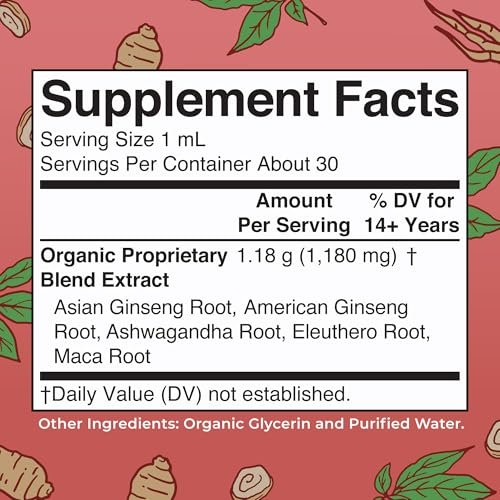 MARYRUTH'S Organics Kräuterergänzung für Gehirnfunktion | Energie | Gedächtnis | Vitalität USDA | Ginseng mit Ashwagandha | Eleuthero und Maca-Wurzelextrakt | 30 ml