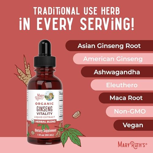 MARYRUTH'S Organics Kräuterergänzung für Gehirnfunktion | Energie | Gedächtnis | Vitalität USDA | Ginseng mit Ashwagandha | Eleuthero und Maca-Wurzelextrakt | 30 ml