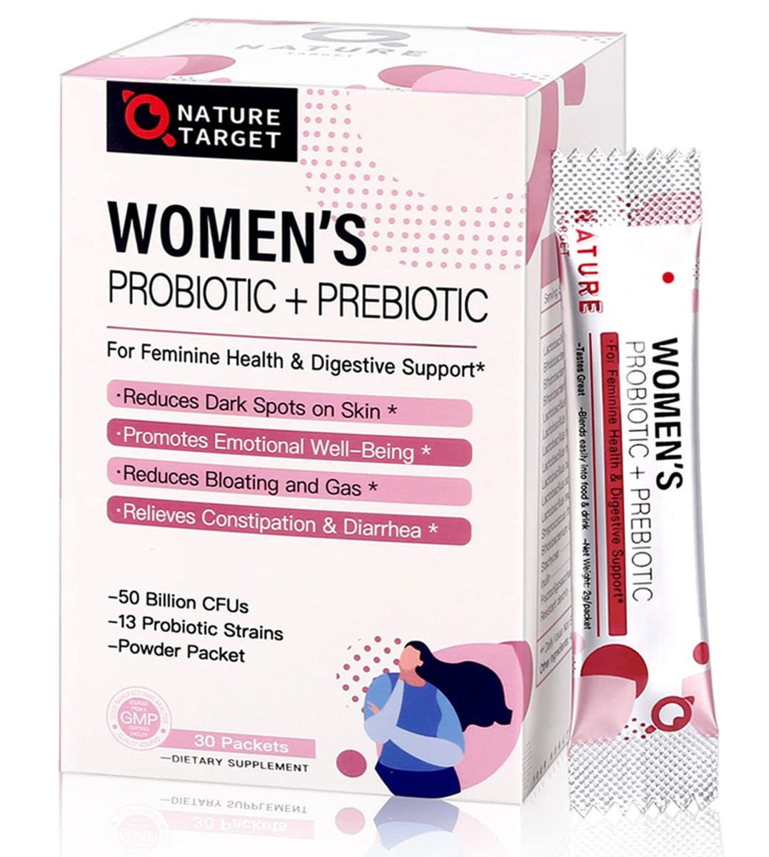 NATURE TARGET Probiotika für Frauen – Probiotisches Pulver mit 50 Milliarden KBE, 13 Stämmen für Verdauungs- und Vaginalgesundheit, Blähungslinderung, 30 Stickpacks