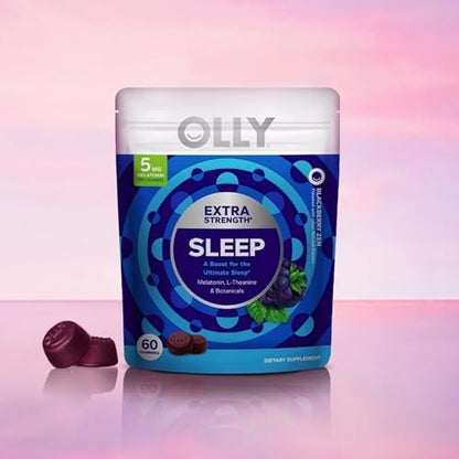 OLLY Extra Strength Schlaf-Gummibärchen, gelegentliche Schlafunterstützung, 5 mg Melatonin, L-Theanin, Blackberry Zen Geschmack, 30-Tage-Vorrat - 60 Stück (Verpackung kann variieren)
