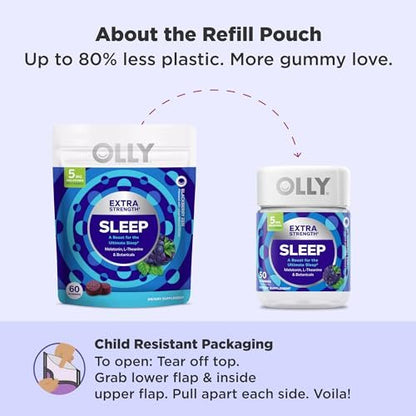 OLLY Extra Strength Schlaf-Gummibärchen, gelegentliche Schlafunterstützung, 5 mg Melatonin, L-Theanin, Blackberry Zen Geschmack, 30-Tage-Vorrat - 60 Stück (Verpackung kann variieren)