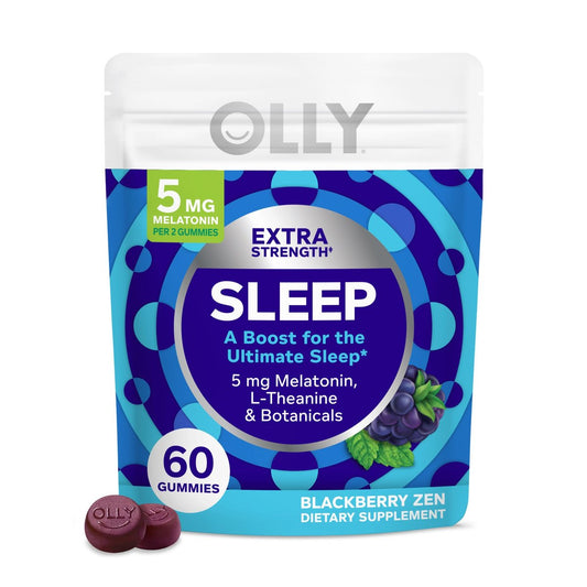 OLLY Extra Strength Schlaf-Gummibärchen, gelegentliche Schlafunterstützung, 5 mg Melatonin, L-Theanin, Blackberry Zen Geschmack, 30-Tage-Vorrat - 60 Stück (Verpackung kann variieren)