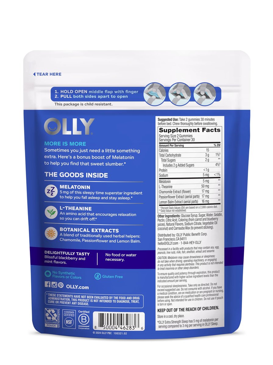 OLLY Extra Strength Schlaf-Gummibärchen, gelegentliche Schlafunterstützung, 5 mg Melatonin, L-Theanin, Blackberry Zen Geschmack, 30-Tage-Vorrat - 60 Stück (Verpackung kann variieren)