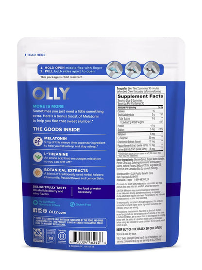 OLLY Extra Strength Schlaf-Gummibärchen, gelegentliche Schlafunterstützung, 5 mg Melatonin, L-Theanin, Blackberry Zen Geschmack, 30-Tage-Vorrat - 60 Stück (Verpackung kann variieren)