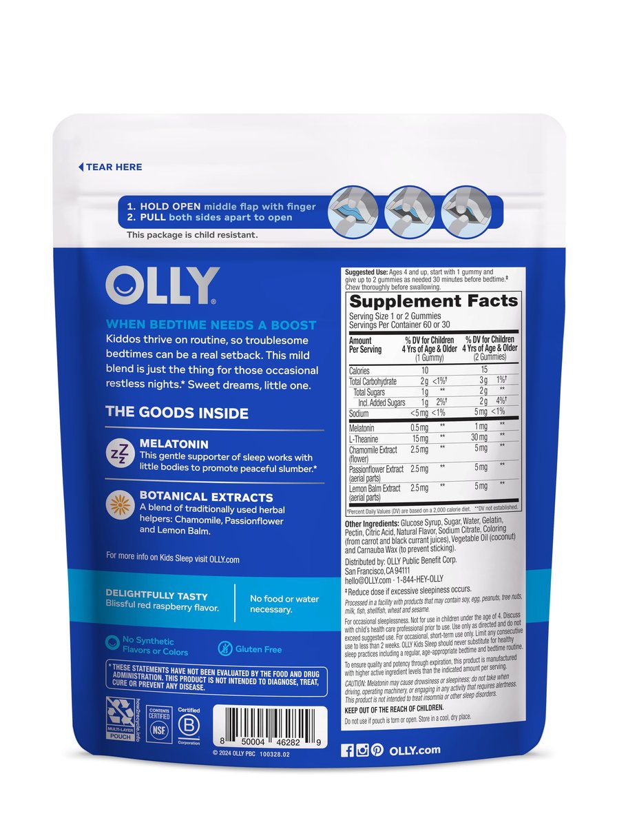 OLLY Kids Sleep Gummy – Melatonin, L-Theanin, Kamille & Melisse für Kinder – Schlafgummis mit Himbeergeschmack – 60 Stück