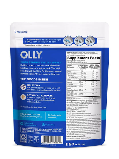 OLLY Kids Sleep Gummy – Melatonin, L-Theanin, Kamille & Melisse für Kinder – Schlafgummis mit Himbeergeschmack – 60 Stück