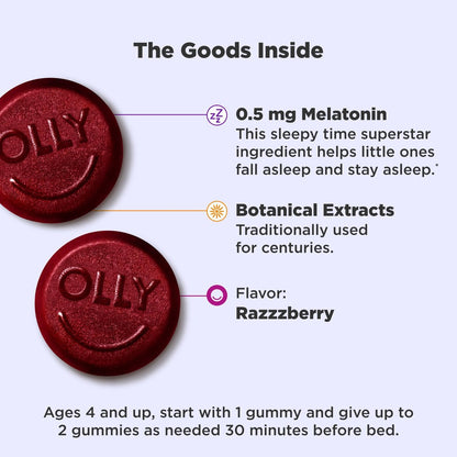 OLLY Kids Sleep Gummy – Melatonin, L-Theanin, Kamille & Melisse für Kinder – Schlafgummis mit Himbeergeschmack – 60 Stück