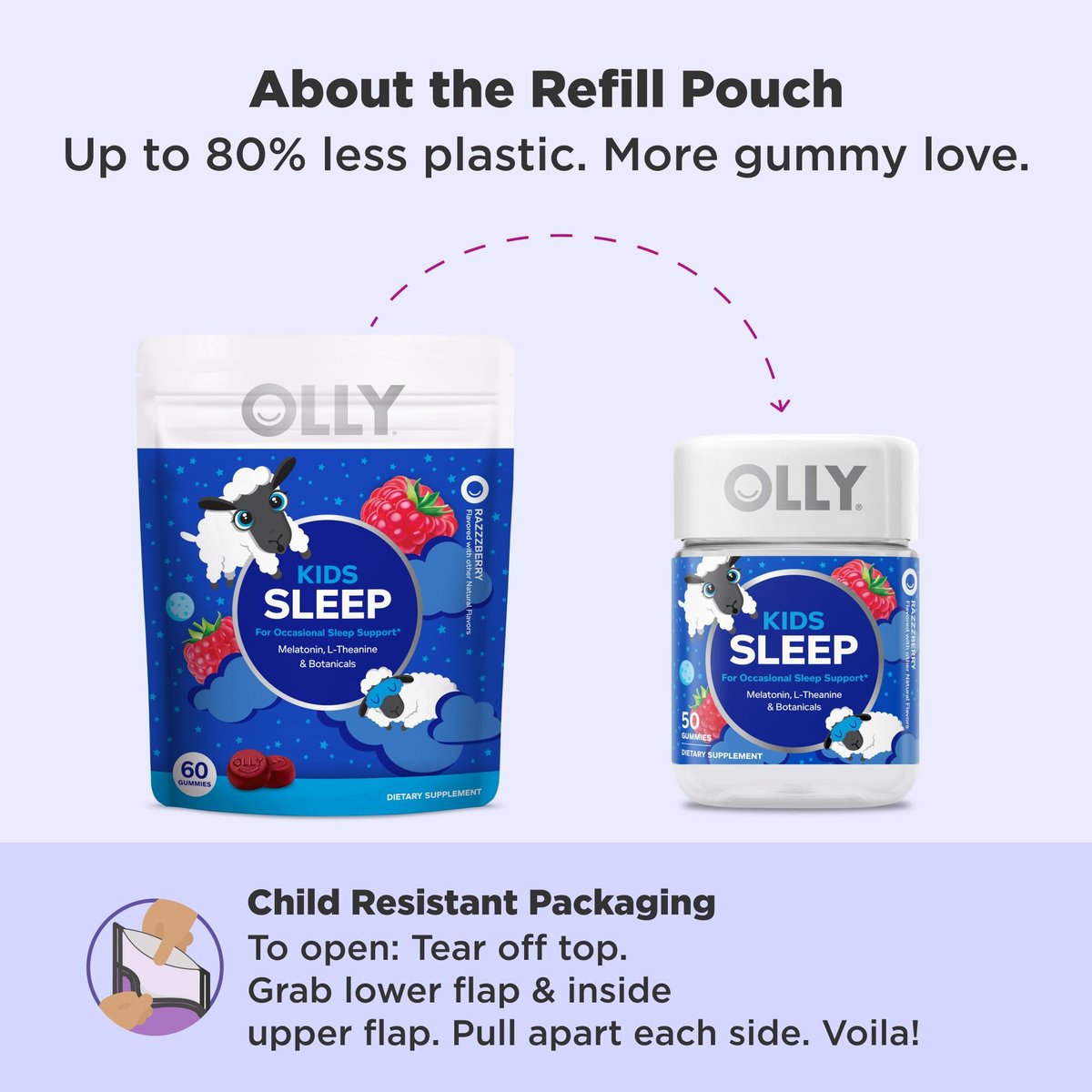 OLLY Kids Sleep Gummy – Melatonin, L-Theanin, Kamille & Melisse für Kinder – Schlafgummis mit Himbeergeschmack – 60 Stück