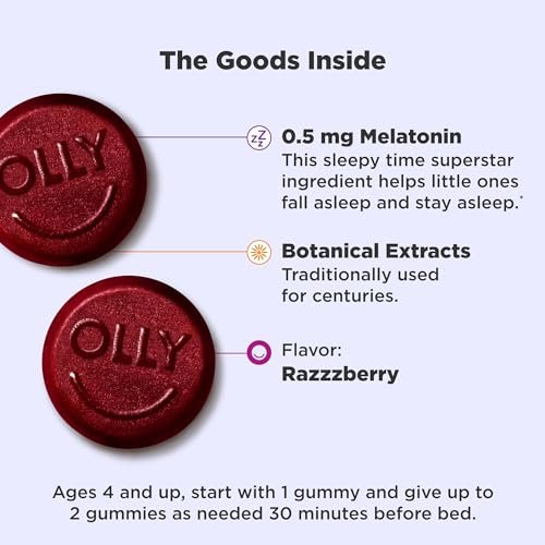 OLLY Kids Sleep Gummy – Melatonin, L-Theanin, Kamille & Melisse für Kinder – Schlafgummis mit Himbeergeschmack – 60 Stück