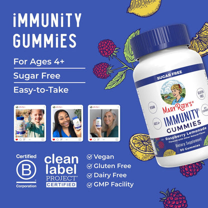 MARYRUTH'S Zuckerfreie Immun-Gummis | Kraftvolle Mischung aus Holunder, Vitamin C & Zink | Vitamin D3 & Echinacea | Immununterstützung für Kinder & Erwachsene | Vegan & Nicht-GVO | 90 Stück