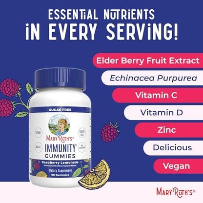 MARYRUTH'S Zuckerfreie Immun-Gummis | Kraftvolle Mischung aus Holunder, Vitamin C & Zink | Vitamin D3 & Echinacea | Immununterstützung für Kinder & Erwachsene | Vegan & Nicht-GVO | 90 Stück