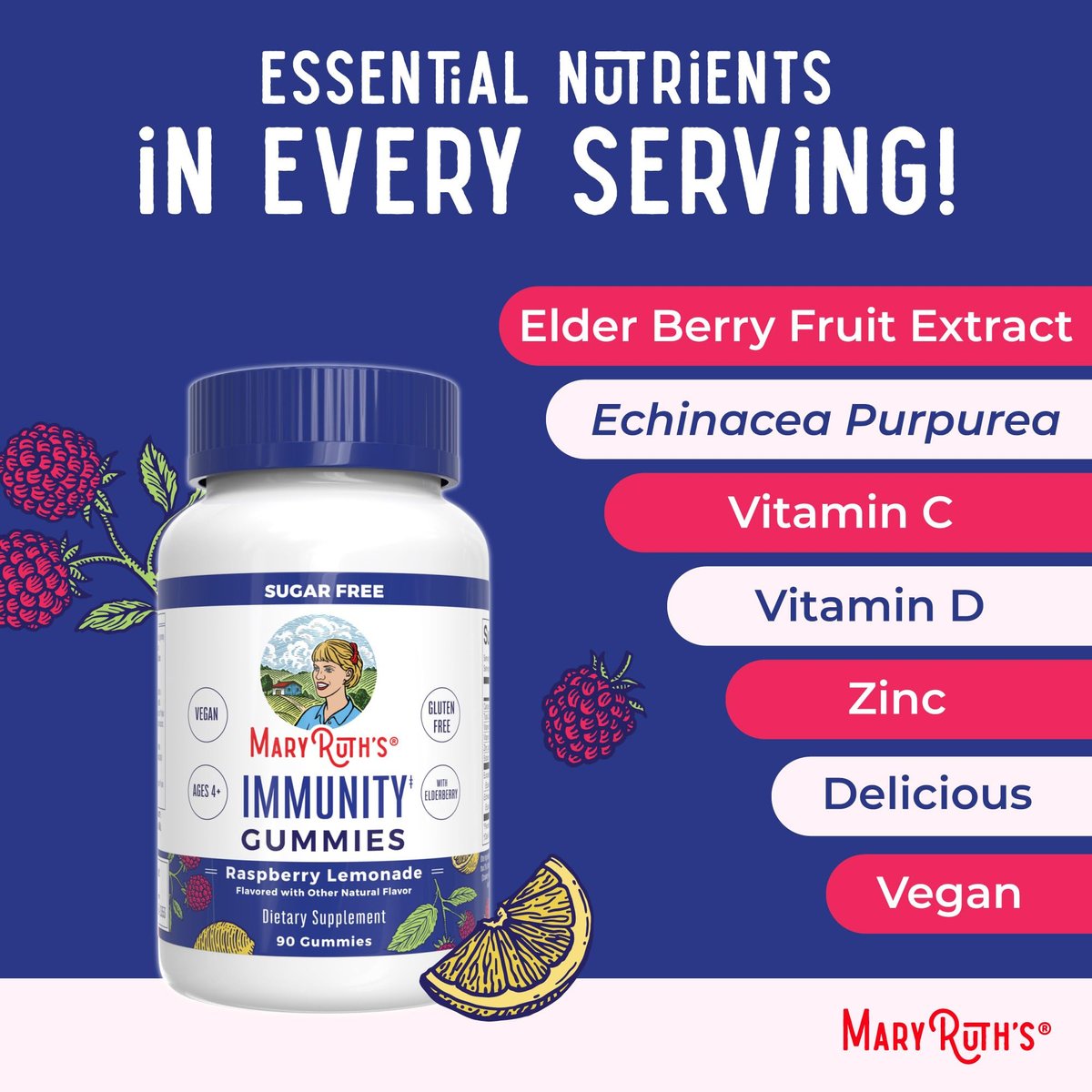 MARYRUTH'S Zuckerfreie Immun-Gummis | Kraftvolle Mischung aus Holunder, Vitamin C & Zink | Vitamin D3 & Echinacea | Immununterstützung für Kinder & Erwachsene | Vegan & Nicht-GVO | 90 Stück