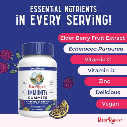 MARYRUTH'S Zuckerfreie Immun-Gummis | Kraftvolle Mischung aus Holunder, Vitamin C & Zink | Vitamin D3 & Echinacea | Immununterstützung für Kinder & Erwachsene | Vegan & Nicht-GVO | 90 Stück